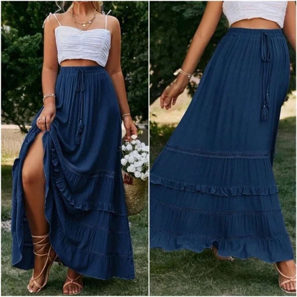 Boho Navy Blue Ruffle Hem Tassel Summer Maxi Skirt - Picture 4 of 12
